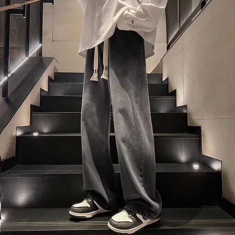 Faded Wide Leg Baggy Jeans for Men — Streetwear Drawstring Denim